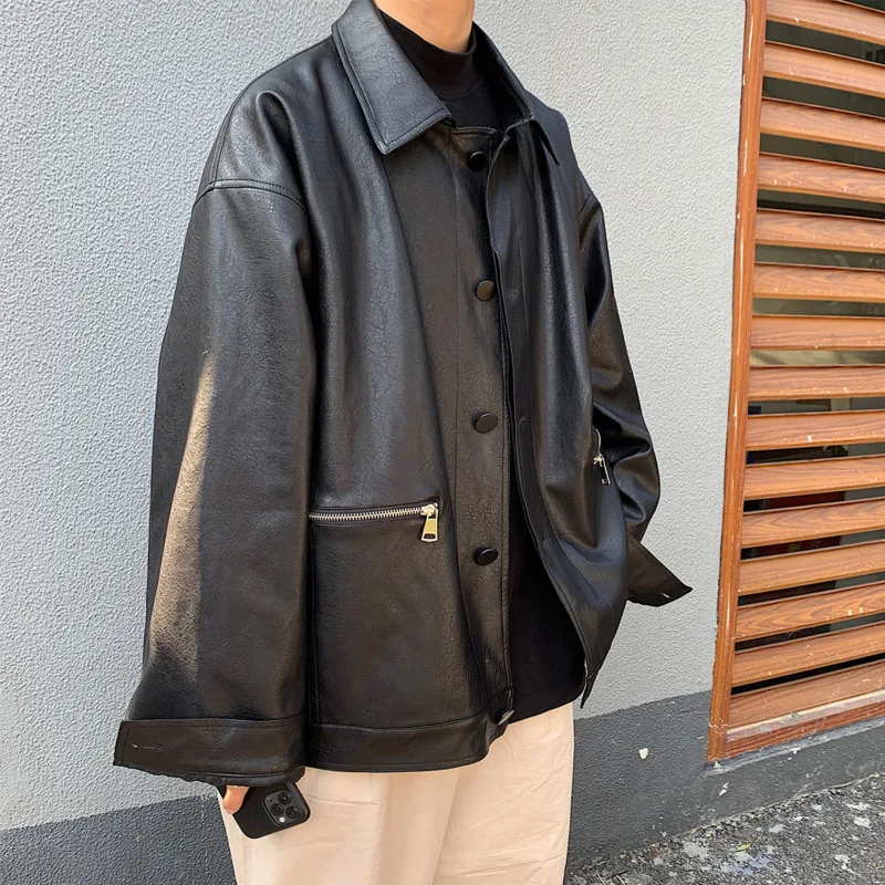 

Spring Black Leather Jacket Men's Fashion Streetwear Buttons Motorcycle Jackets Mens Loose Hip-hop Bomber Jacket Men M-2XL