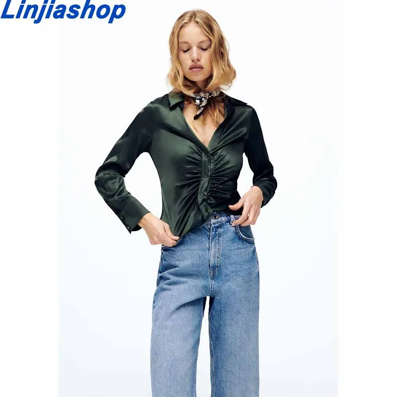 

Женская офисная блузка Za, повседневная винтажная однобортная блузка со складками и длинным рукавом, уличная одежда на лето