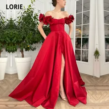LORIE vestido de noche árabe para mujer, vestido rojo sin hombros, hecho a mano con flores 3D, botones de satén, vestidos de fiesta para celebridades y bodas (4)