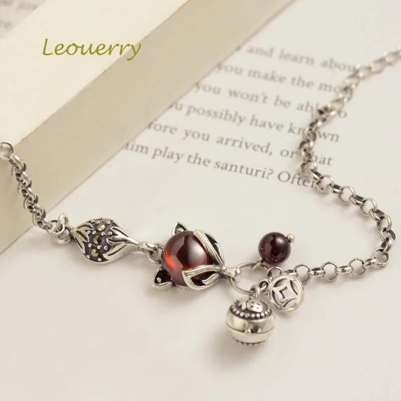 Leouerry 925 пробы Серебряный гранатовый браслет в виде лисы ручной работы