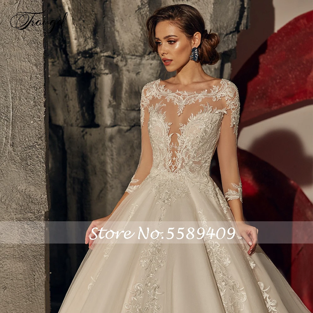 

Traugel Scoop A Line Lace Wedding Dresses Delicate Applique 3/4 Long Sleeve Button Bride Dress Sweep Train Bridal Gown Plus Size