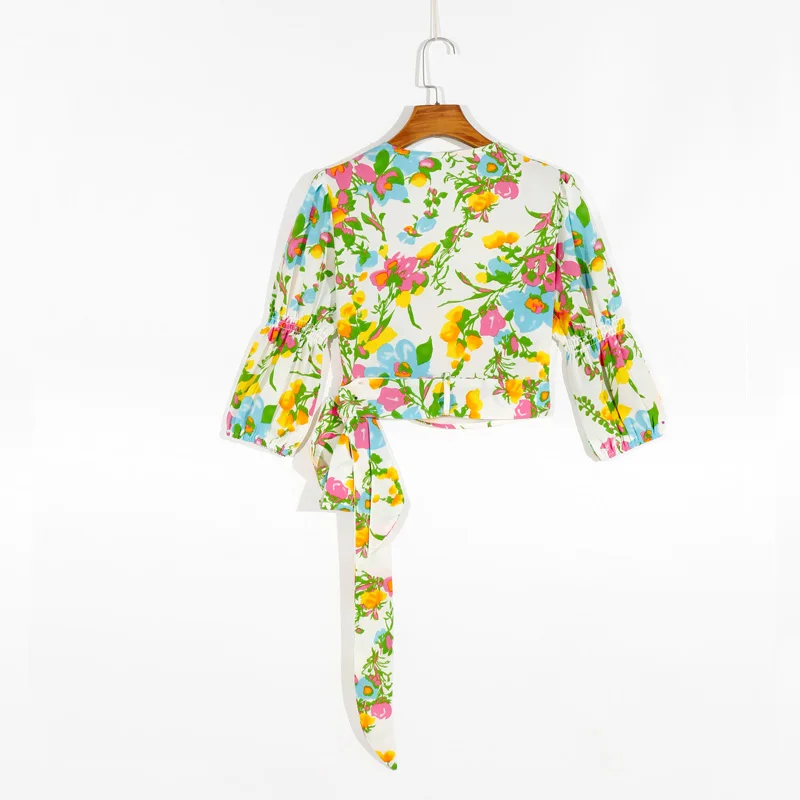 

Summer women's shirt casual flower printed square collar short sleeve bow decoration shirt