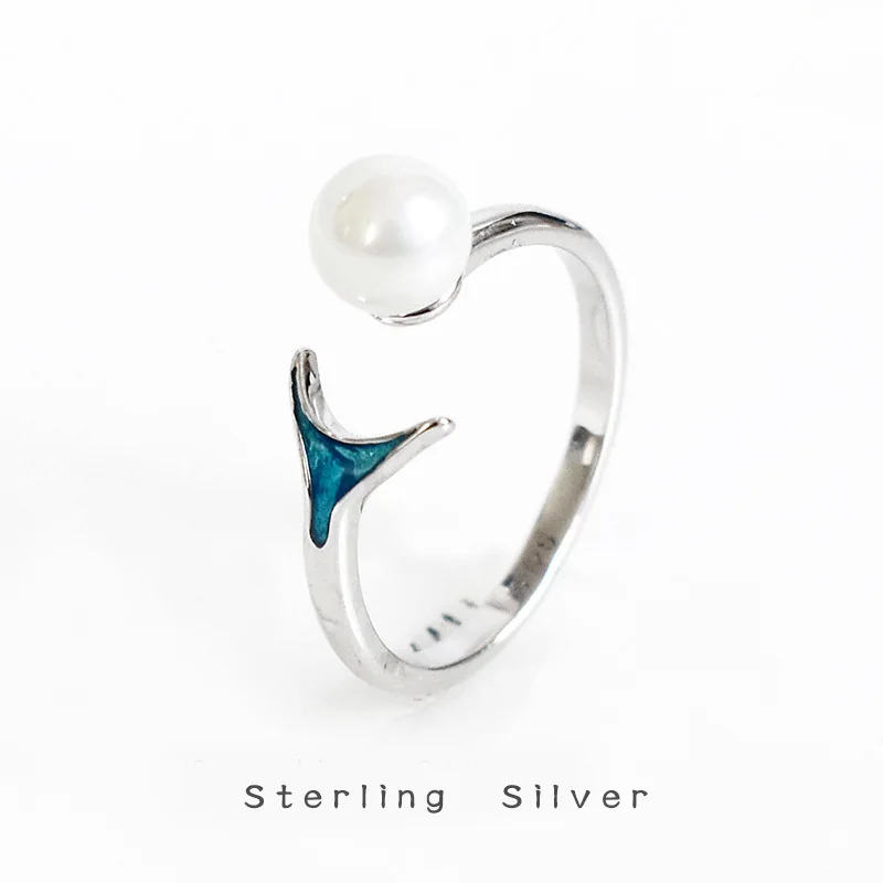 

S925 Sterling Silver Pearl Dolphin Fishtail Ring Korean Version INS Temperament Personality Female Mermaid Ring Jewelry