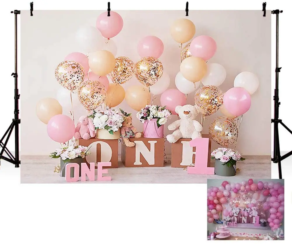 Enlarge Pink Gold Balloon First Birthday Party Backdrops for Baby Girl Sweet One Floral Photography Background Portrait Photo Studio