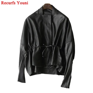 Женская одежда с отличной текстурой, Женская свободная повседневная куртка из натуральной кожи, женское импортное пальто из матовой овечьей кожи с завязками на талии