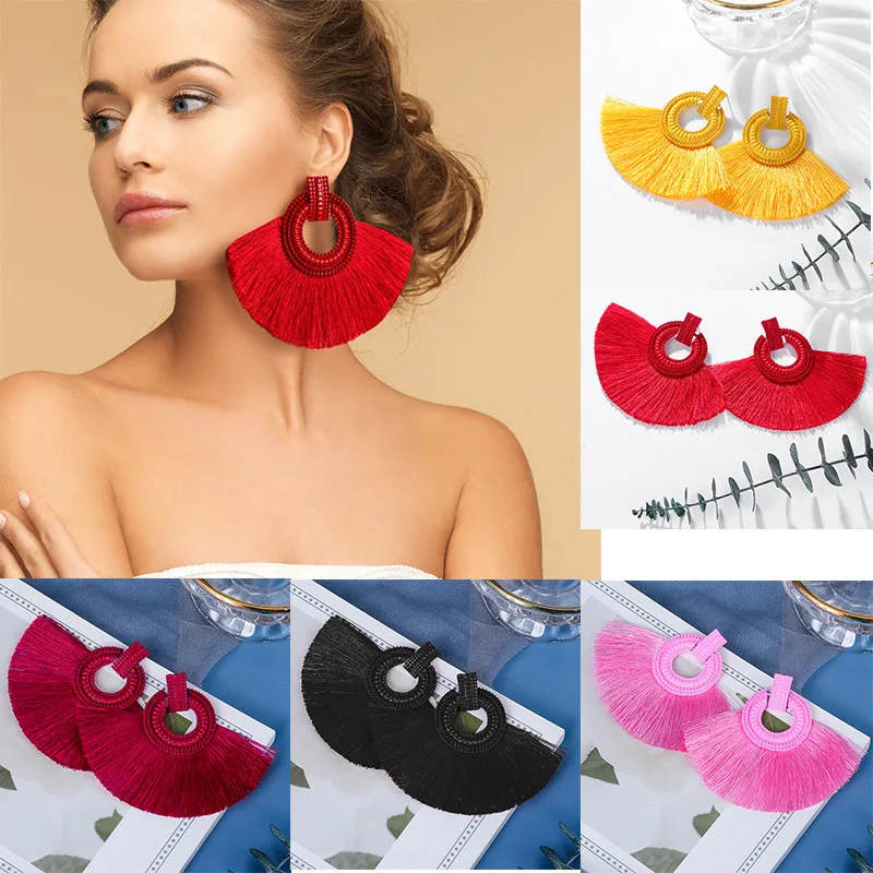 

BICUX New Fashion Bohemian Big Tassel Earrings for Women Statement Cotton Silk Fabric Fringe Drop Earrings 2020 Female Jewelry