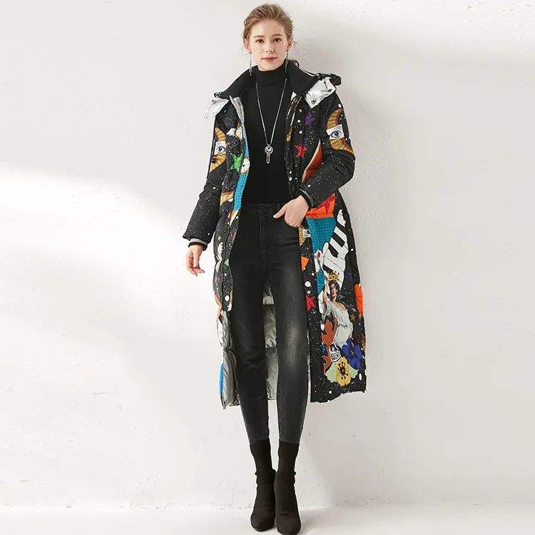 Новинка 2019 зимняя куртка с цветочным принтом женские пуховики куртки капюшоном