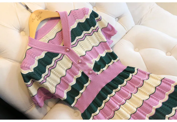 Женское платье-свитер тонкое трикотажное платье в полоску с цветными волнами 2020 |