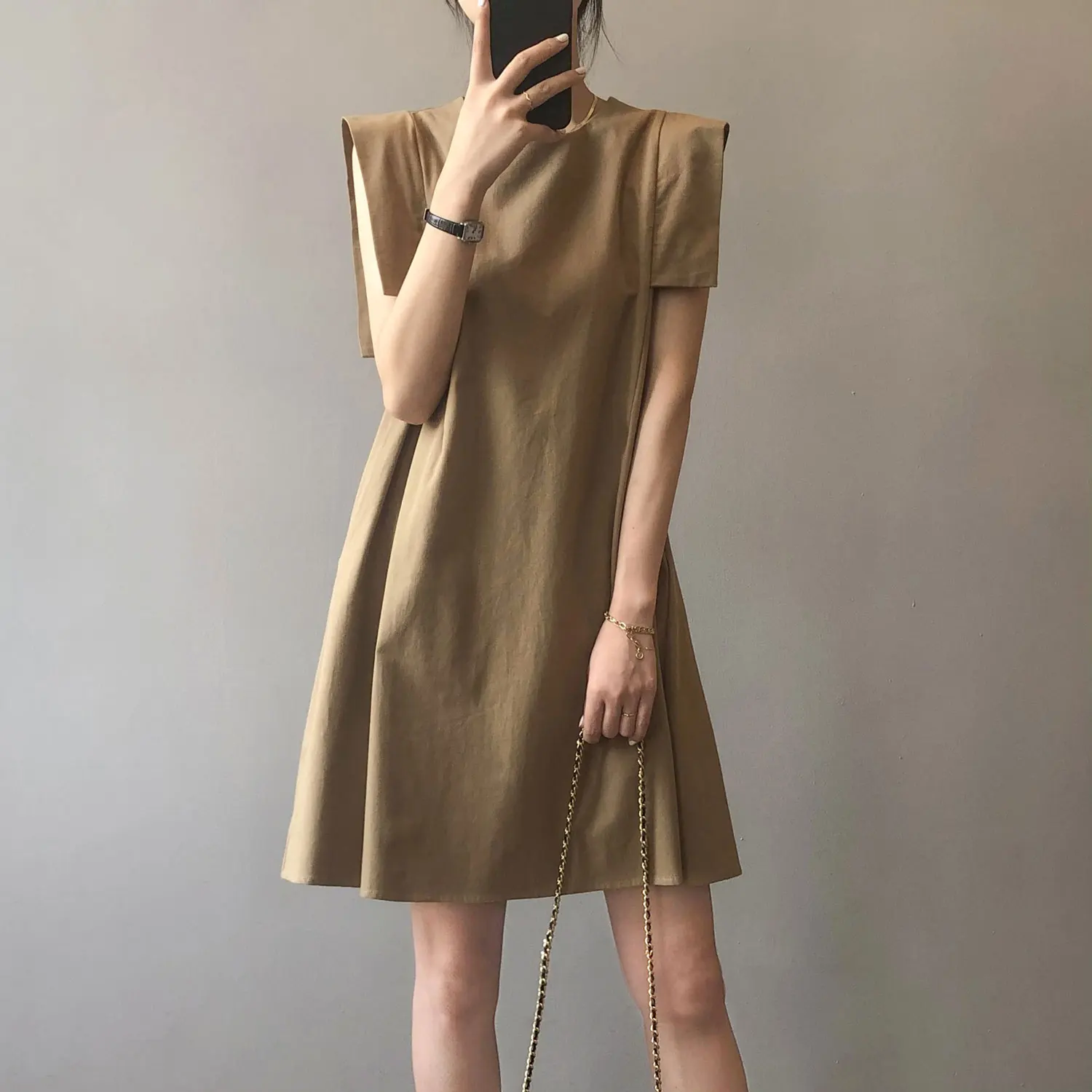 

Solid Color Short Dress Cotton Dress Summer New Style Korean Loose Temperament Round Neck Short Tea Break Party Dress Vintage