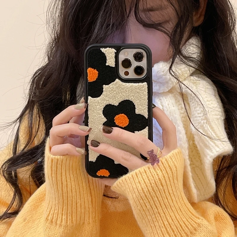 

Korean Cute Fuzzy Plush Flowers Phone Case For iPhone 11 12 13 Pro XS Max X XR 7 8 Plus SE Winter Soft Shockproof Back Cover