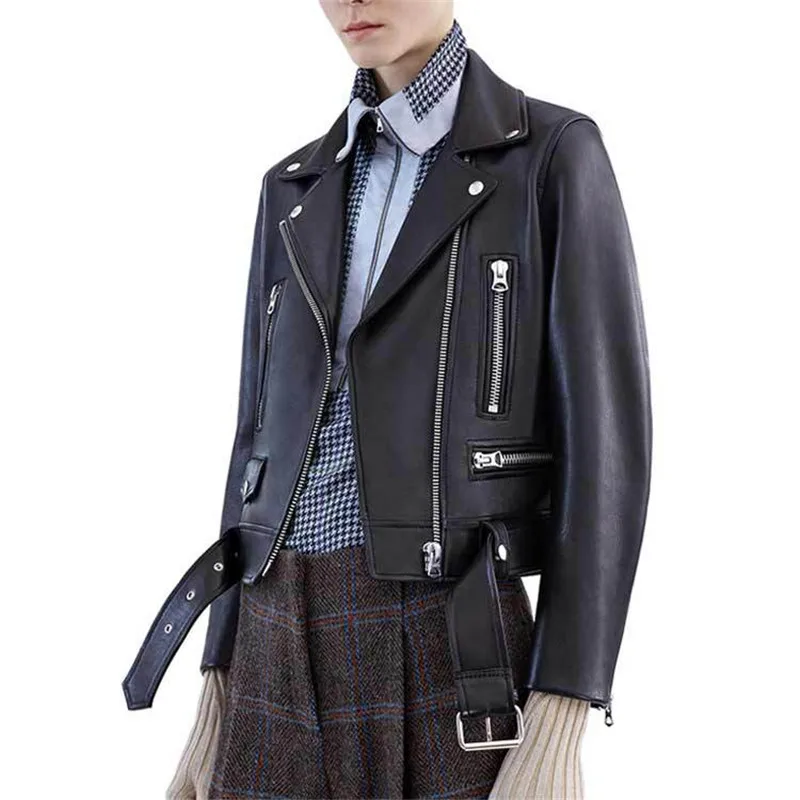 

Vintage Women Leather Coat New Spring Autumn Stylish Biker Moto Jacket Punk Ladies Long Sleeved Faux Leather With Belt Outwear