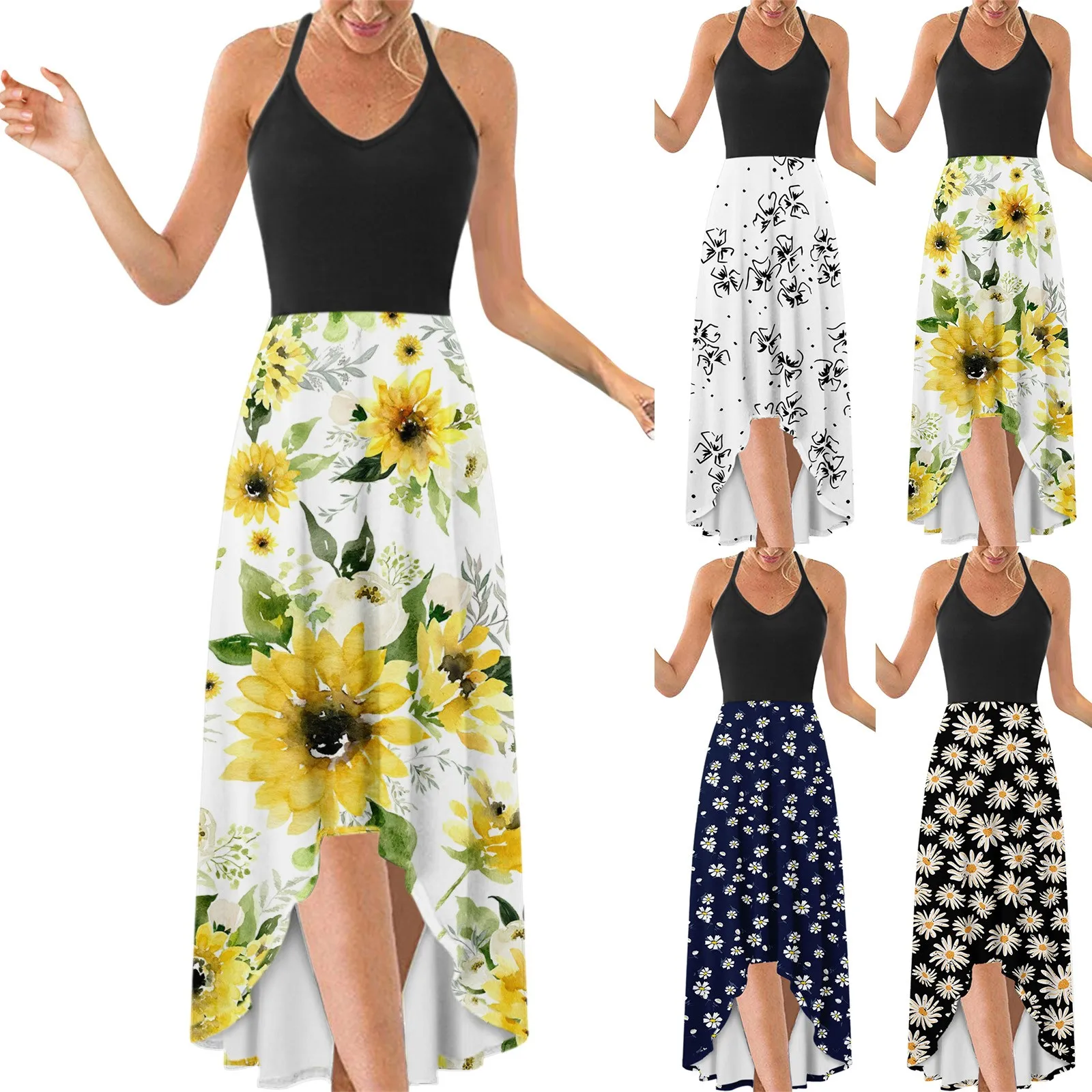 

Dress For Women Summer Casual V-Neck Elegant Irregular Hem Prints Long Party Dress Female Loose Spaghetti Strap Dress#35