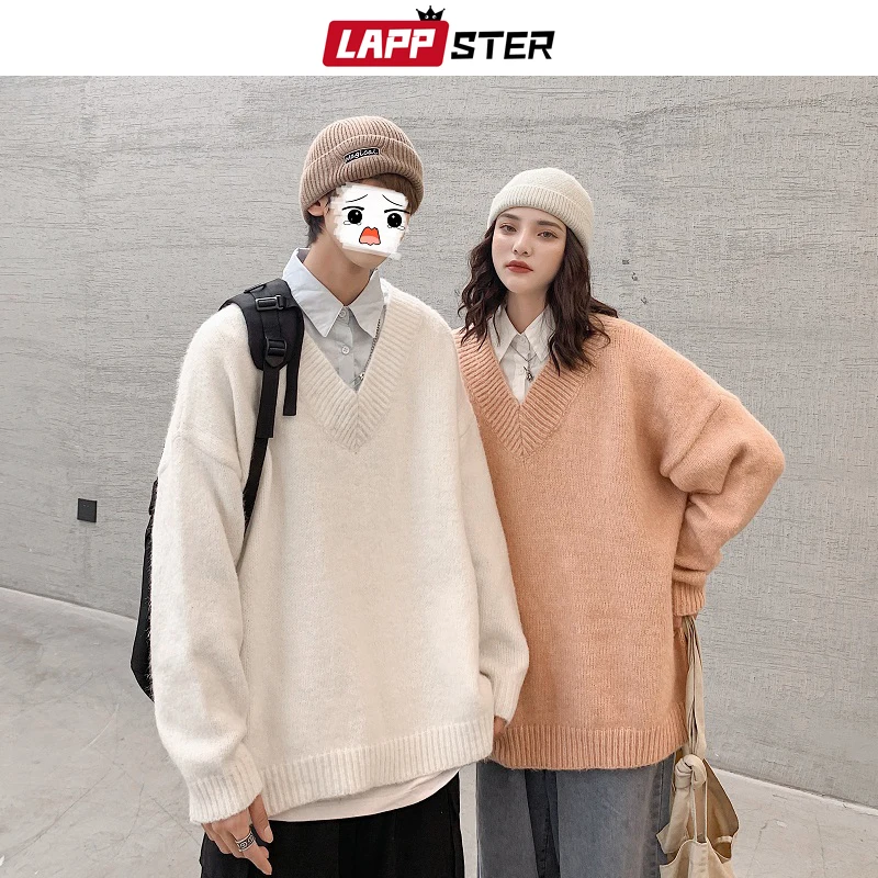 

LAPPSTER Men V-neck Fake Two Pieces Knitted Sweater 2022 Mens Harajuku Oversized Vintage Pullovers Male Streetwear Y2k Sweaters