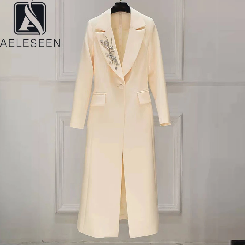 

AELESEEN модное подиумное 2022 весеннее пальто миди женское бежевое белое черное роскошное тонкое офисное дамское пальто с бусинами длинное пальто