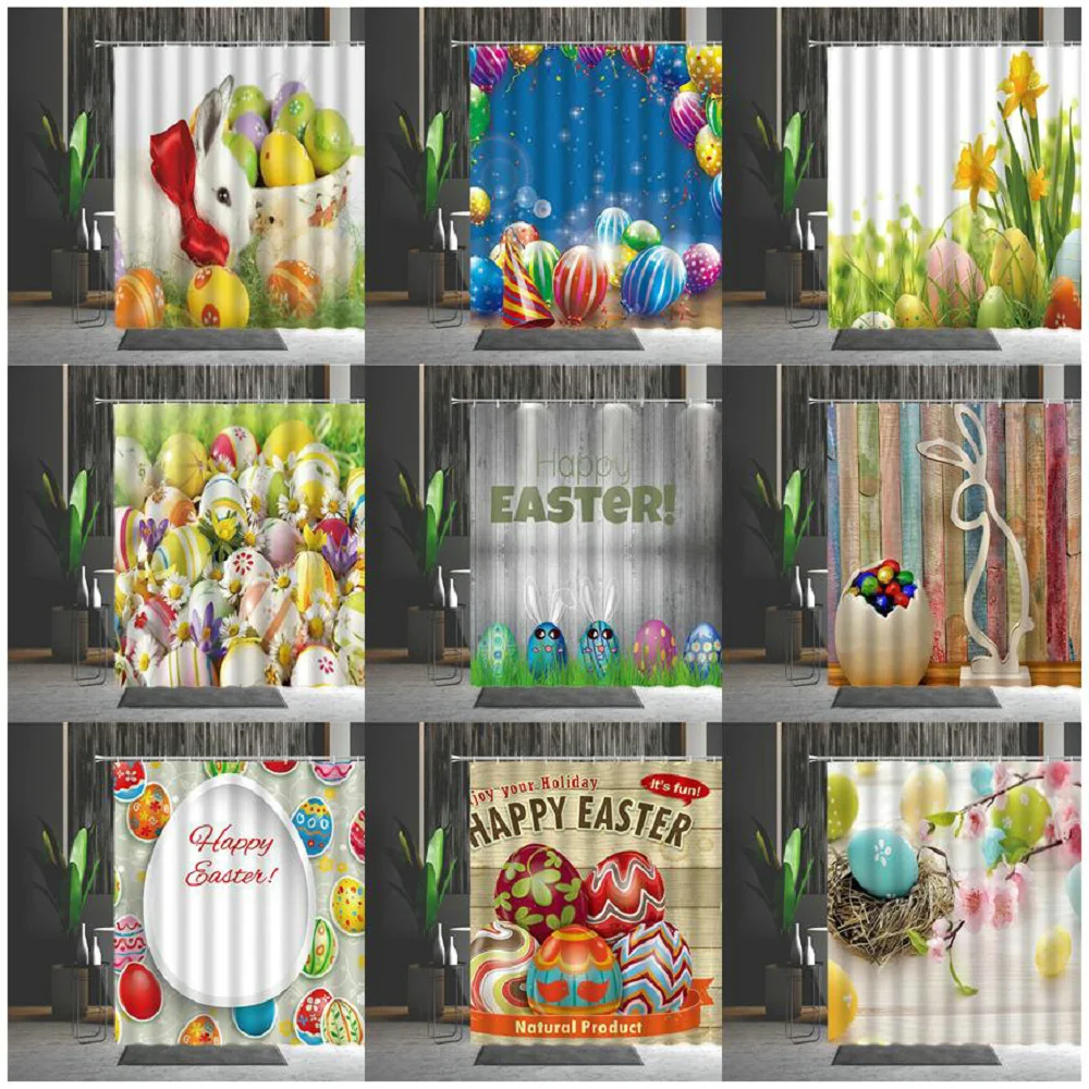 

Shower Curtains Easter Cartoons Cute Rabbit Easter Eggs Waterproof Polyester Fabric Bathtub Decoration With Hook Hanging Curtain