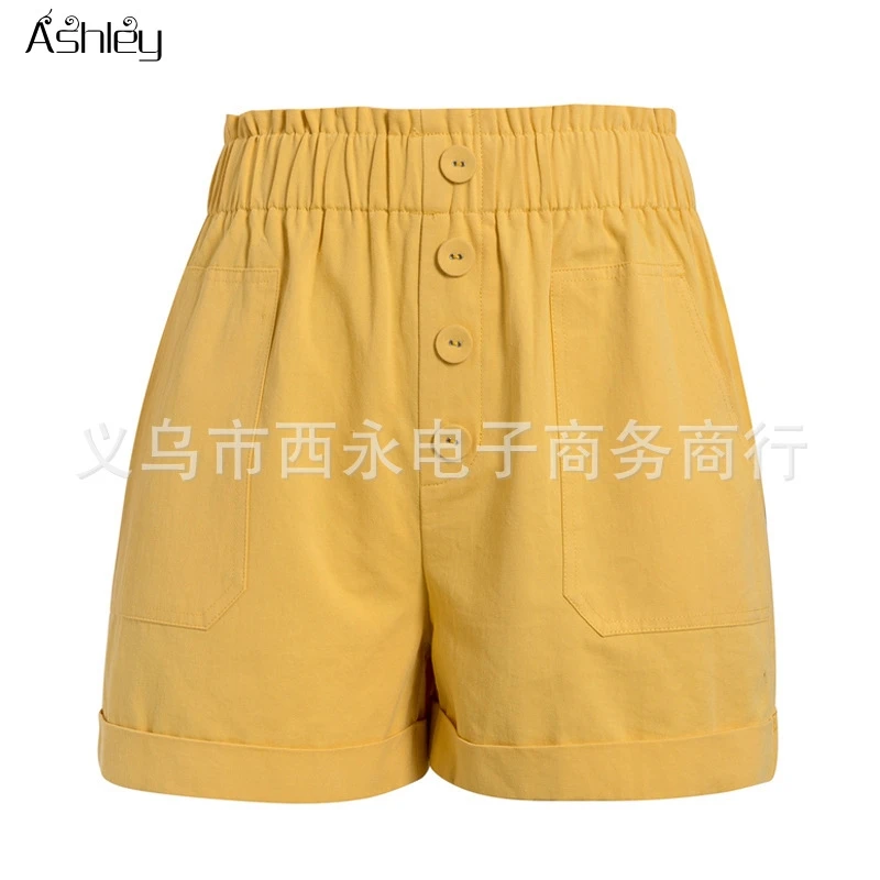 

Ashley Casual elastied waist wellow women shorts Spring summer high street pockets short Holiday fashion wide leg shorts 2020