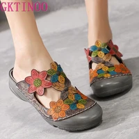 gktinoo flower slippers genuine leather shoes handmade slides flip flop on the platform clogs for women woman slippers plus size