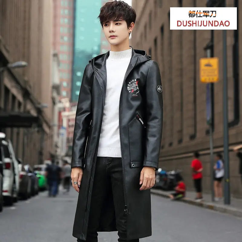 

Spring 2021 Leather Men's Korean-Style Mid-Length Slim-Fit Jacket Men's Spring and Autumn Handsome Trendy Casual Anorak