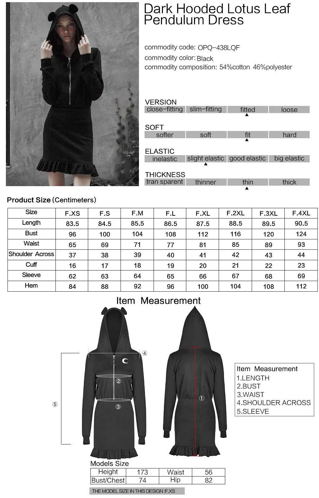 

PUNKRAVE Women's Gothic Dark Hooded Lotus Leaf Pendulum Dress Sexy Tight Fish Tail Hem Cardigan Zipper Half Dresses