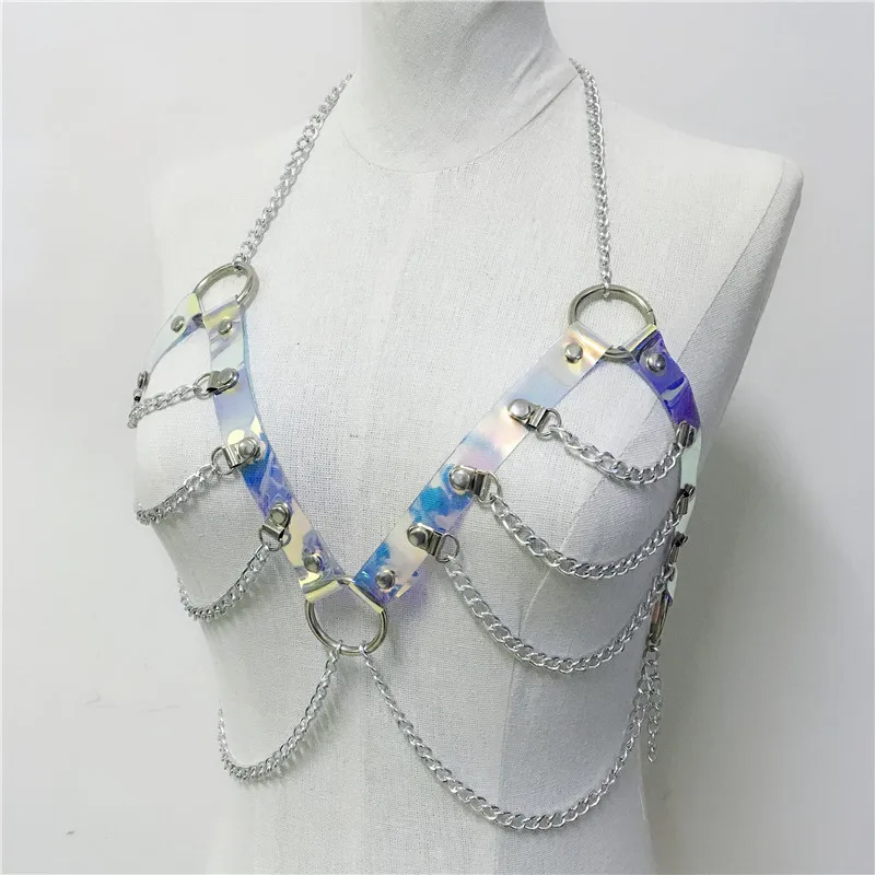 Женский голографический бондаж металлическая цепочка с круглым вырезом