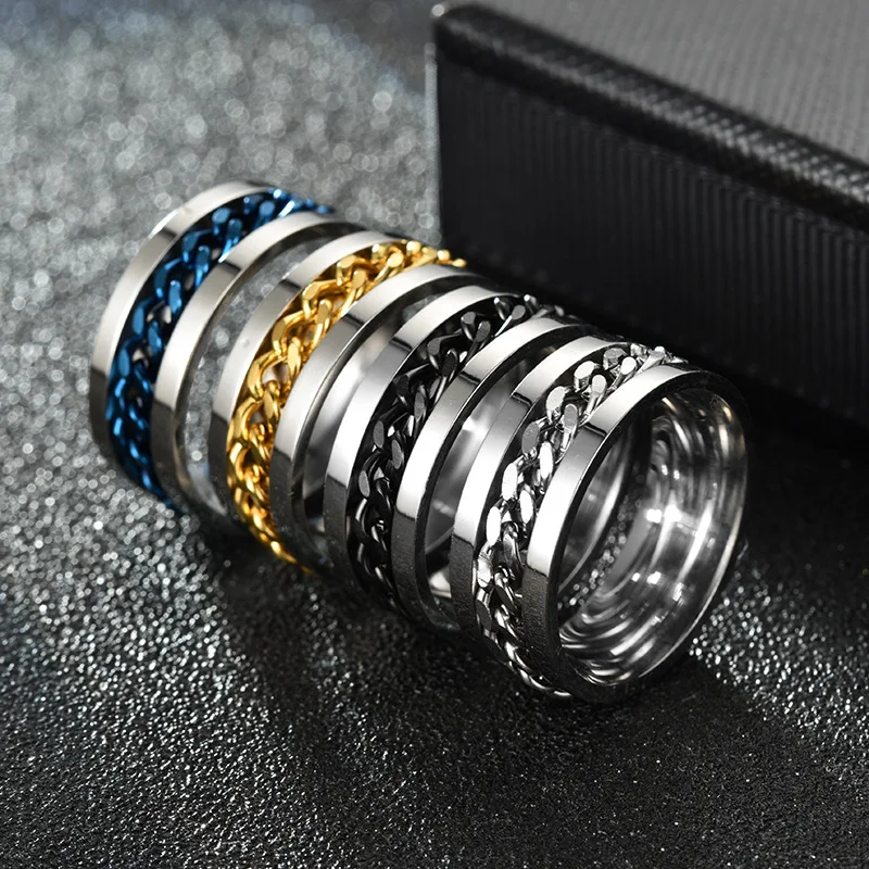

Fashion Spinner Chain Ring Men Stainless Steel Black Blue Color Punk Rock Rotatable Roman Rings Male Party Jewelry