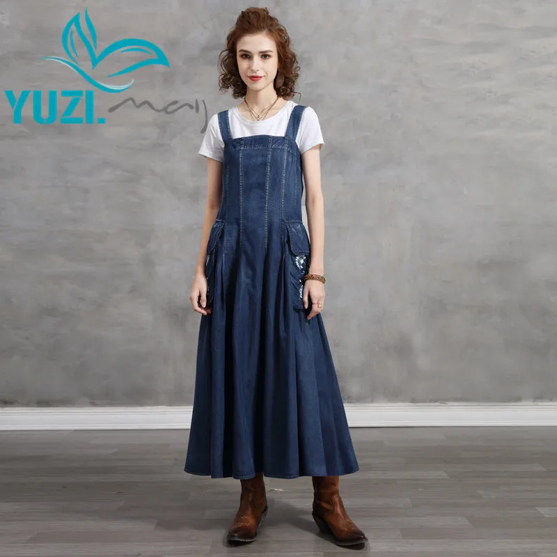 Summer Dress 2021 Yuzi.may Boho New Denim Women Dresses Big Vintage Embroidery Pockets Suspender  Vestidos A82288 Vestido
