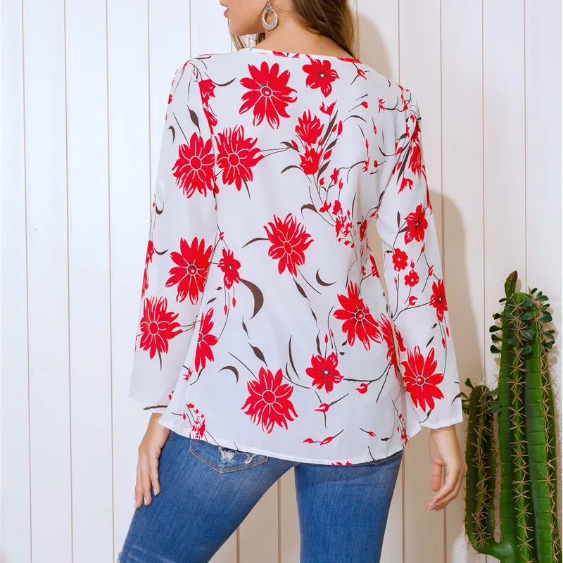 

Women's T-shirt 2021 Spring and Summer Fashion New Chiffon Shirt Plus Size Long-sleeved V-neck Maple Leaf Print Top