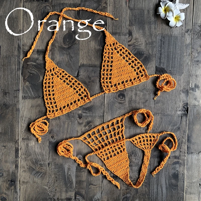 Orange Ручная работа, вязанное крючком микро бикини, стринги, пляжные микро купальники, сексуальное нижнее белье, наборы, горячая Распродажа - Цвет: Orange