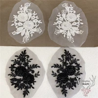 1 pc black ben white flowers hand beaded high grade lace lace fabric embroidery patch