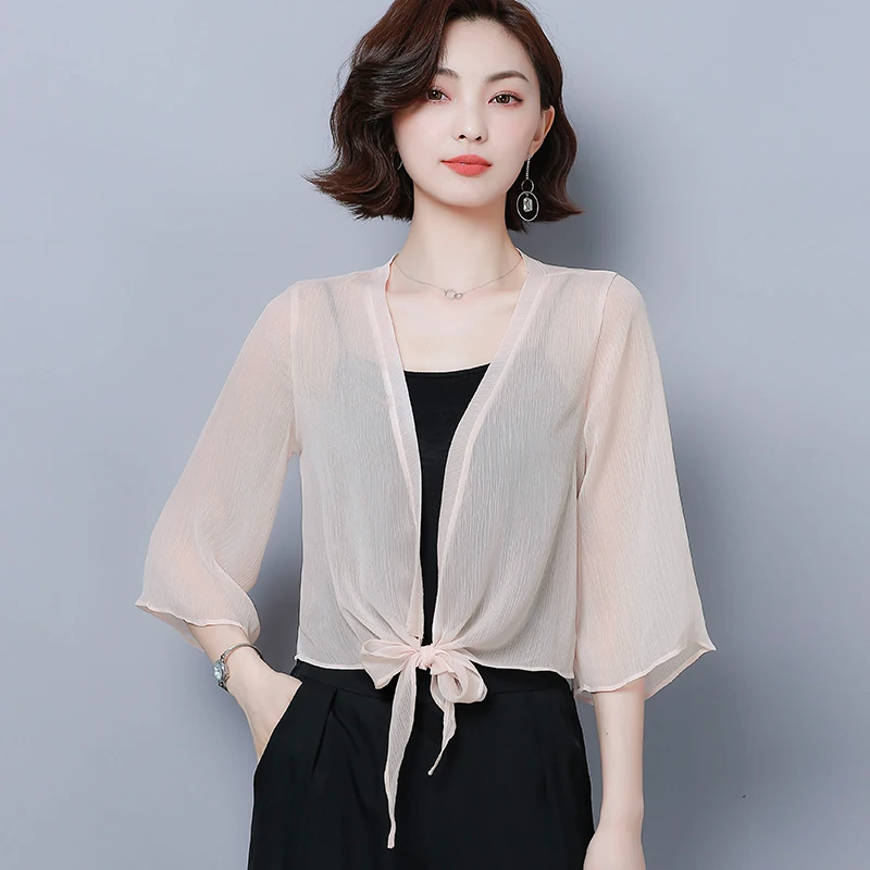 Summer Chiffon Blouses Kimono Cardigan Mesh Transparent Sunscreen Women Beach Cover Up Outwear Plus Size Bow Wrap Shirt |