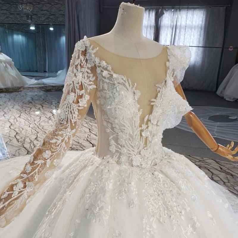 HTL1926 Elegant White Wedding Dress Palace Style Luxury Gorgeous Deep V-neck Lace One Shoulder Long Sleeve Gown Sexy Bridal Gown