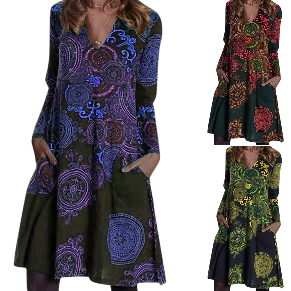 

VICABO Women Dress Floral Printed Vestidos Long Sleeve V Neck Baggy Dress Retro Casual Pocket Loose Female Dresses Plus Size