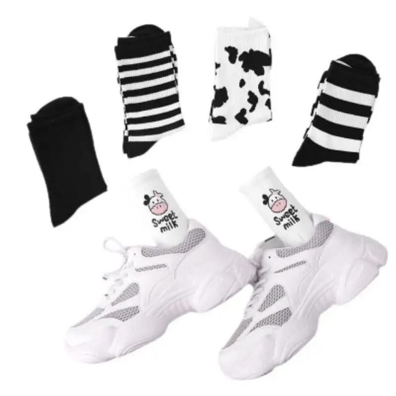 

Wome Printed Sock Japanese Kawaii Lovely Harajuku Style Cows Cute Panther Cotton Long Socks Female And Ladies Milk White Sox D