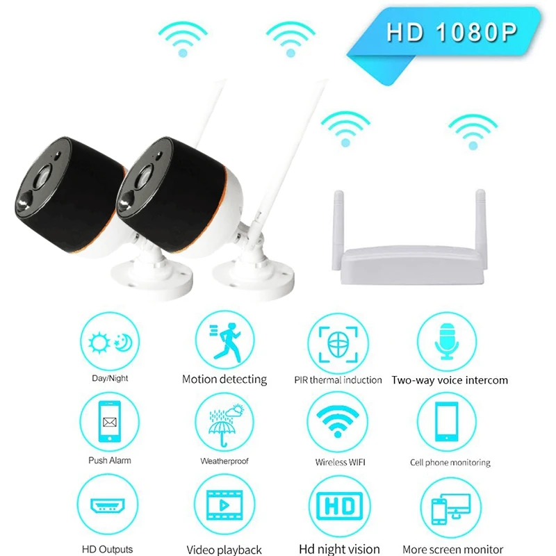 Беспроводная наружная камера H.265 Mini 2Ch Nvr Kit ip-камера 1080P Водонепроницаемая