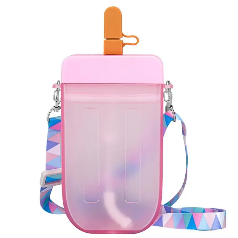 

Cute Water Bottle Leakproof Plastic Popsicle Cup with Lanyard Drinking Cup for Adults Children travel and office time