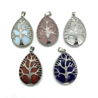 natural stone drop shaped amethyst opal agate pendant inlaid carved tree of life exquisite jewelry diy necklace accessories