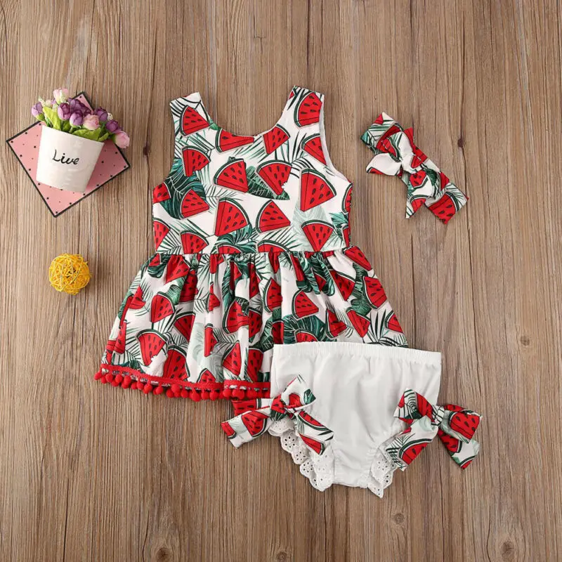 Детская одежда для маленьких девочек топы с кисточками и принтом арбуза + шорты