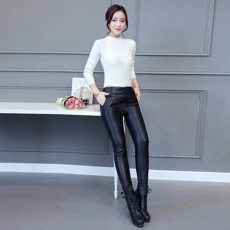 Осень зима 2019 женские брюки из натуральной кожи с бархатной овечьей шерстью и