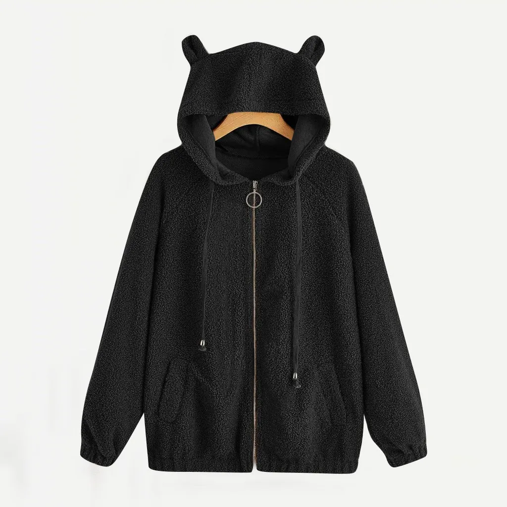 Женские теплые толстовки Тедди свитшот с капюшоном медвежьими ушками однотонное