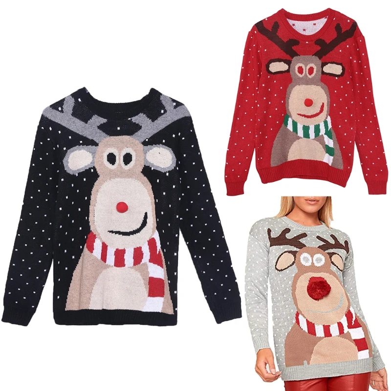 

Women Winter Christmas Long Sleeve Sweater Cute Reindeer Print 3D Nose Pom Pom Pullover Tops O-Neck Loose Holiday Jumper
