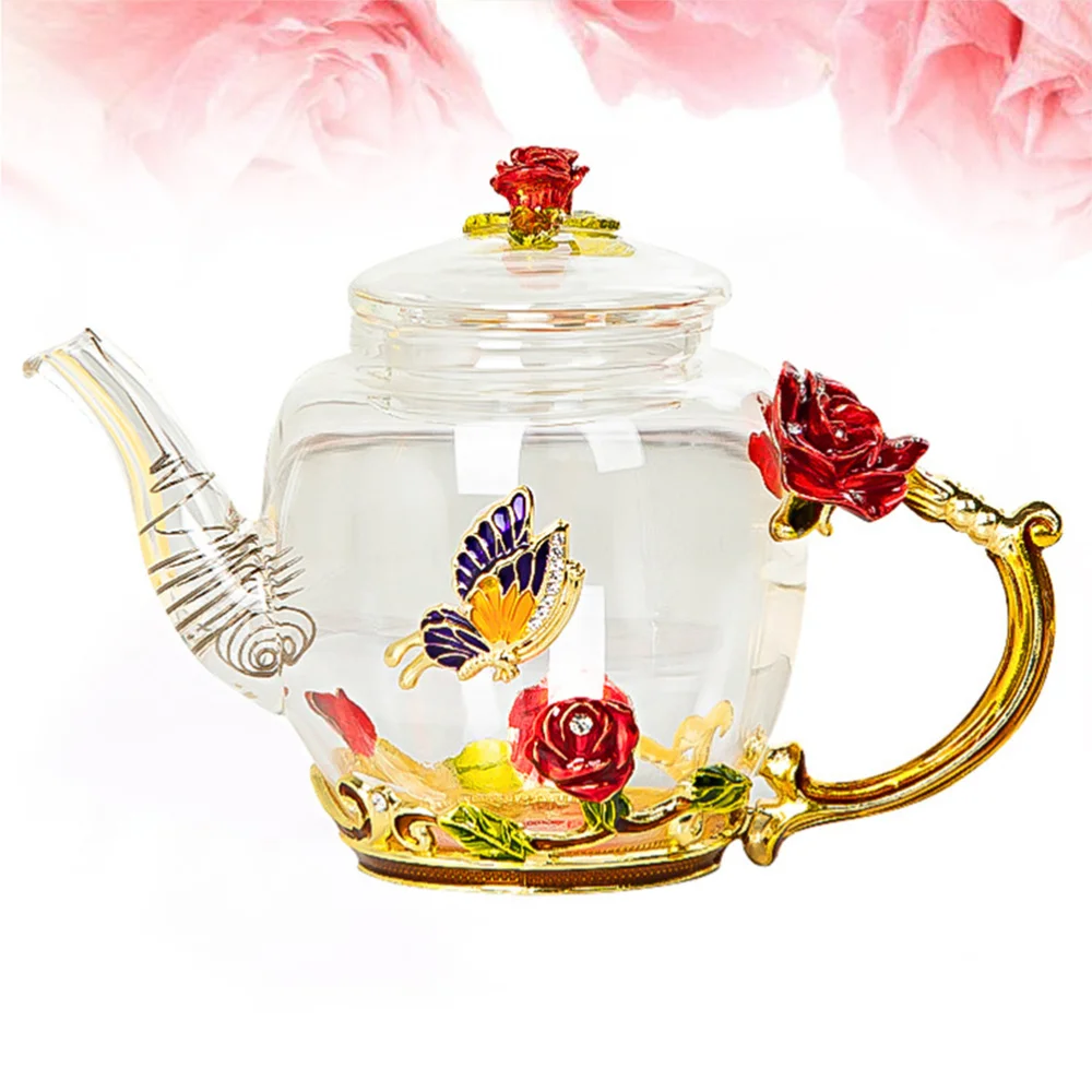 

1PC Enamel Teapot Glass Teapot High Temperature Steamed Tea Boiled Teapot Boiling Water Pot Filter Teapot (Red Rose Style)