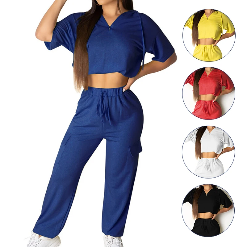 

Crop Top Women Casual Set New Fashion Girl Two Piece Loose Long Trousers Top Women Outfit Tracksuit Solid Black Blue Red