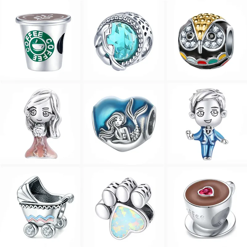 

New Colorful Mermaid Coffee Cup Male Female Owl Fashion Bead Fit Original Pandora Charms Silver Color Bracelet DIY Women Jewelry