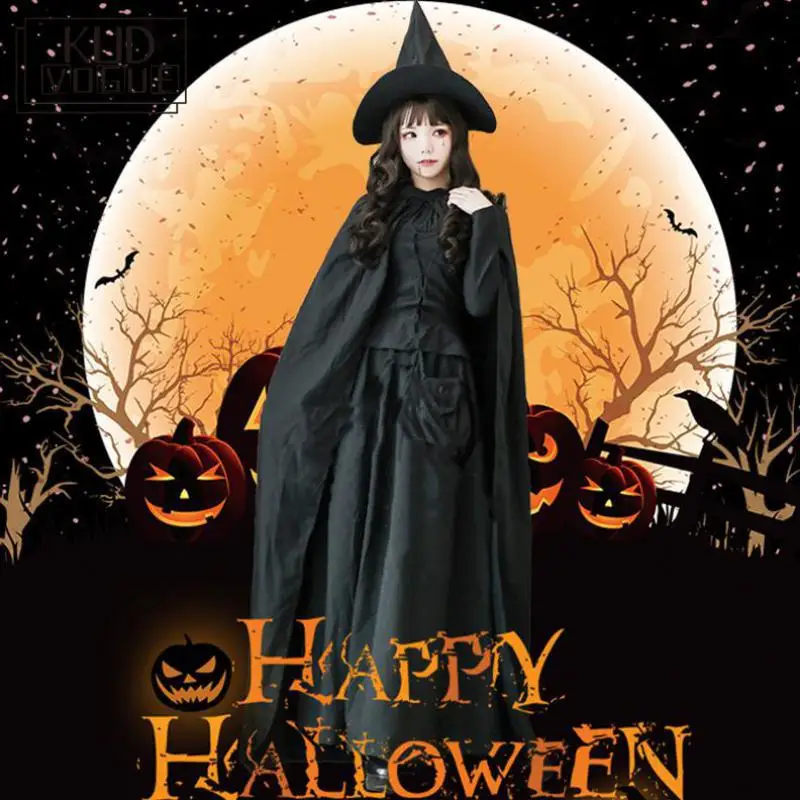 Длинное черное платье ведьмы на Хэллоуин для взрослых женские флейды волшебные