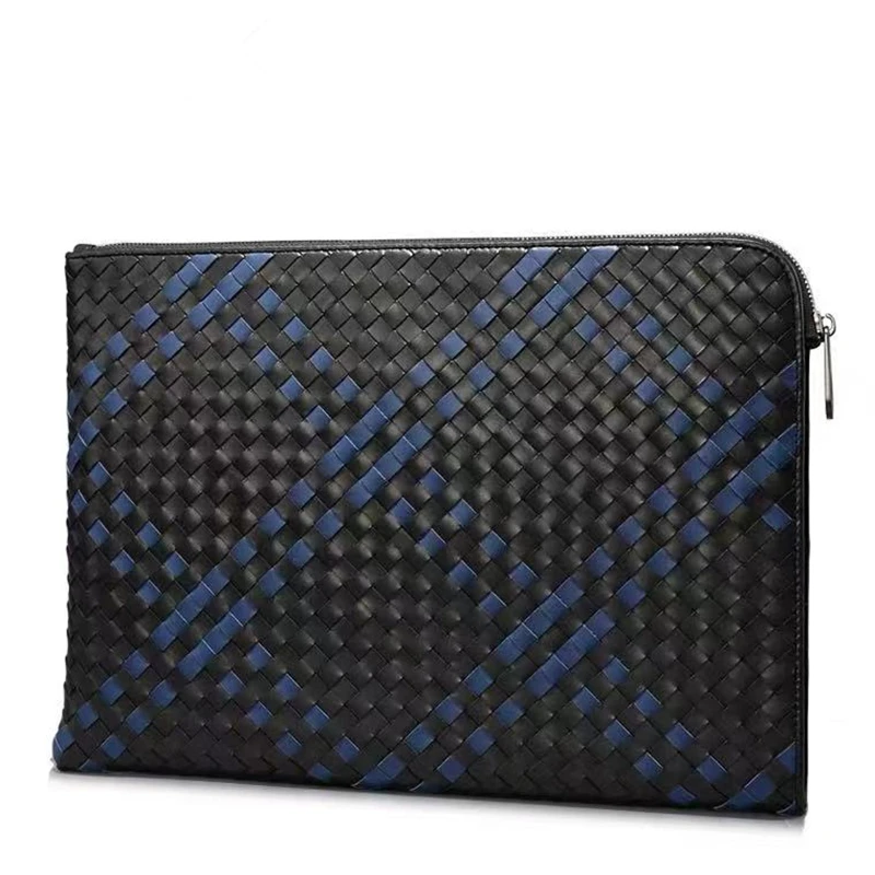 New Style Men's High Quality Luxury Design Cowhide Clutch Fashion Leather Woven Purse Handbag A4 Business Envelope Zipper Bag