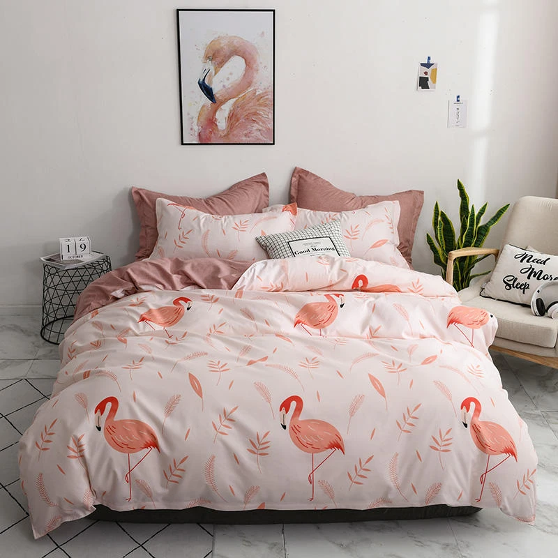 

2021 Home Textile Duvet Cover Flat Bed Sheet Pillow Case King Queen Twin Flamingo Light Purple Bedding Linens Set Bedclothes