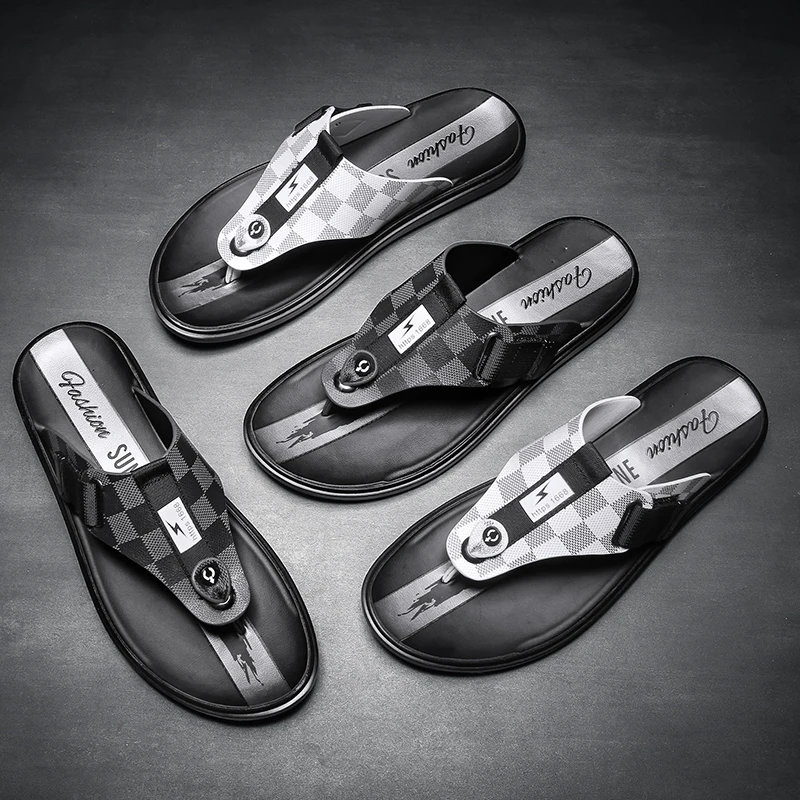 

brand flip flops slippers men beach black leather quality male sandals slides 2020 summer mens shoes home pantoufle homme cuir