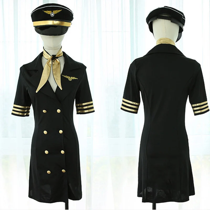 

Women Sexy Adult Women Pilot Costumes Party Night Club Stewardess Dress Flight Attendant Uniform Flight Captain Cosplay Uniform