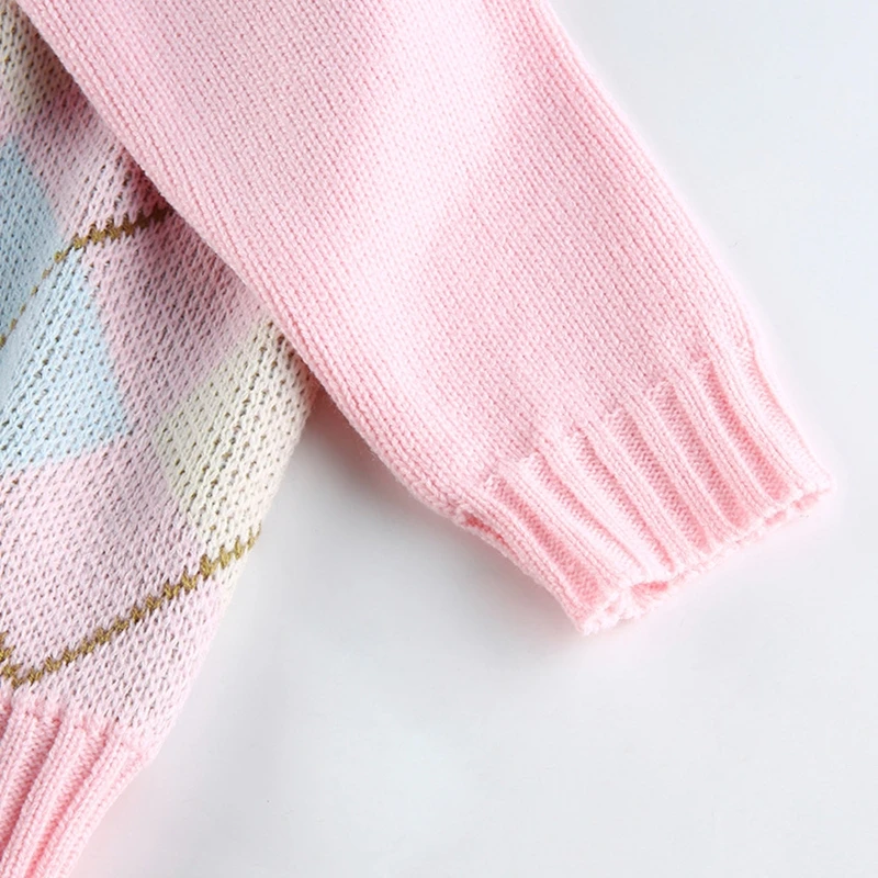

Women Long Sleeve Pink Sweater Crew Neck Vintage Argyle Plaid Knitted Pullover Top Preppy Style Ribbed Trim Loose Jumper