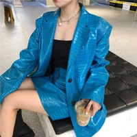 women blue pu leather oversized blazer new lapel long sleeve loose fit coat fashion tide spring autumn 2021 high quality blazers